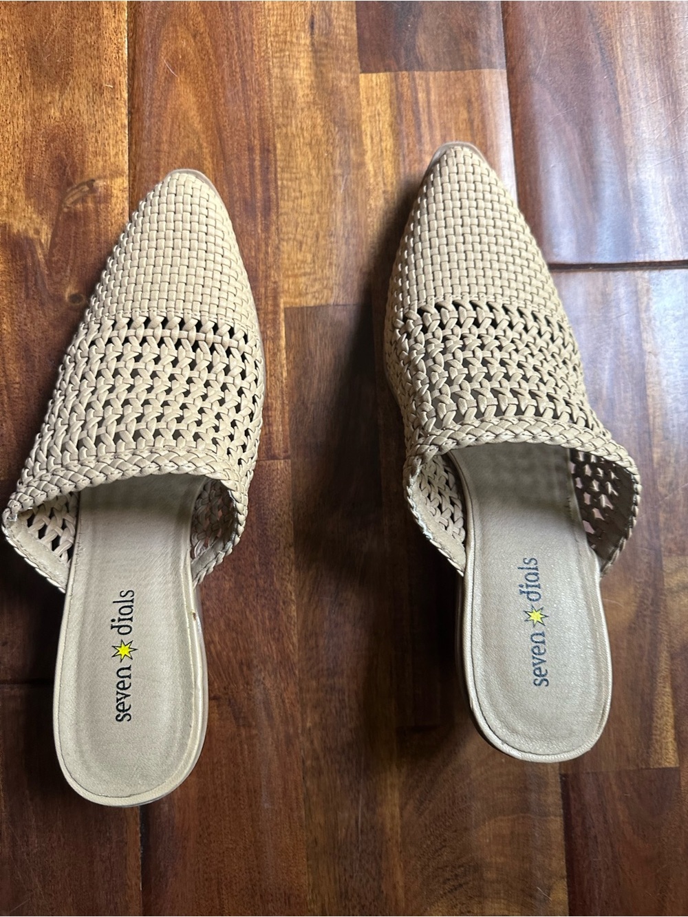 Seven Dials Woven Pointed Slip-On Mules in Tan